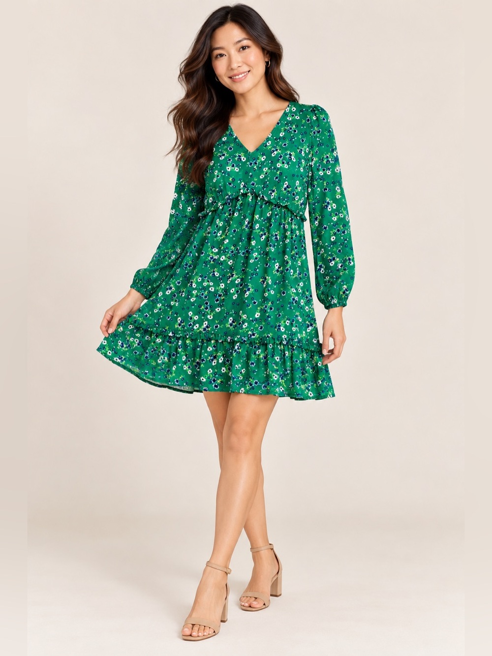 LOFT Green Floral Ruffle Long Sleeve V-Neck Dress Size 10 100% Rayon